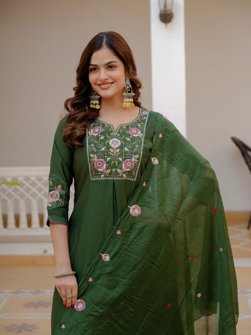 Green Viscose Mango Silk Embroidered Kurti Set