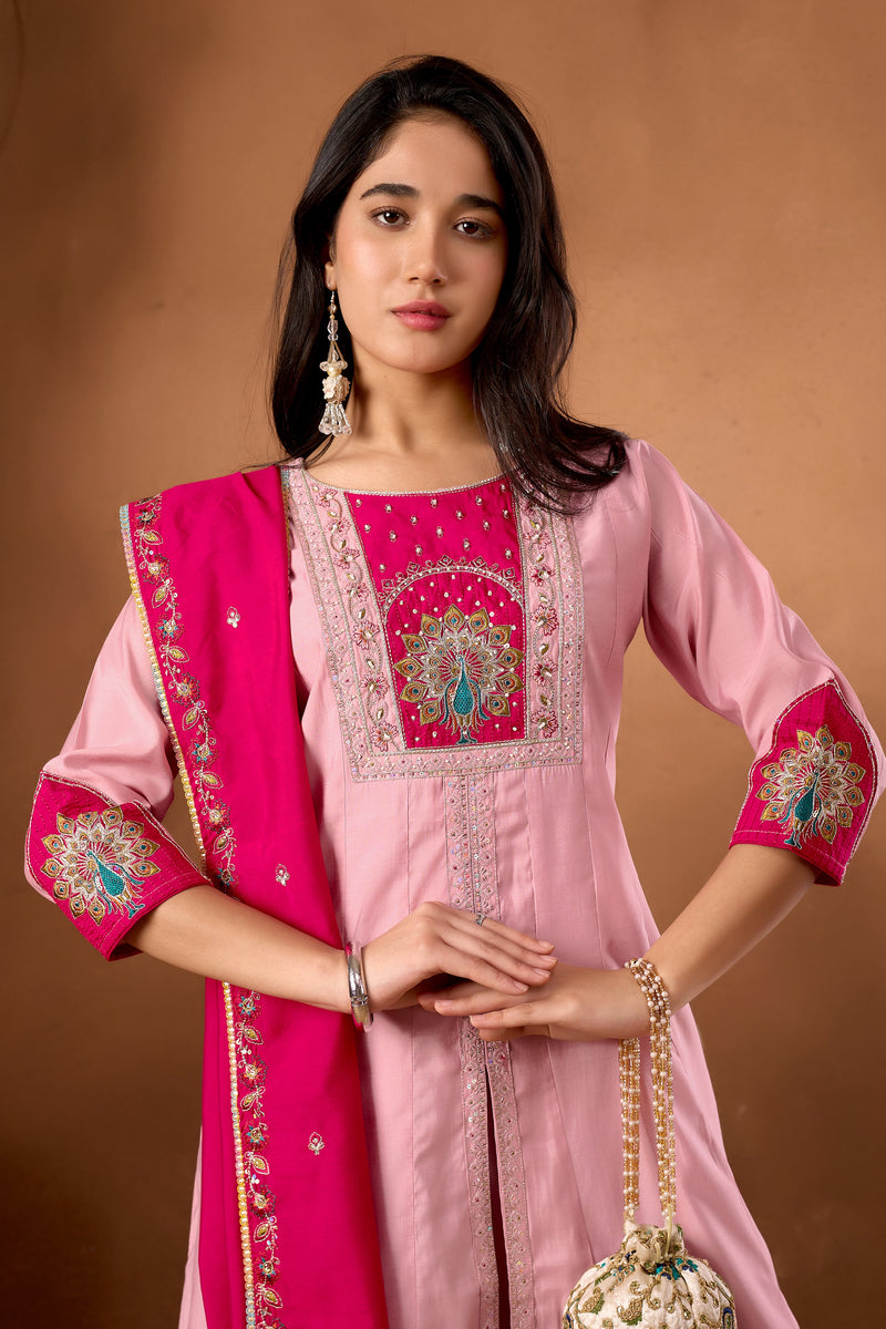 Elegant Pink Roman Silk Kurti Set
