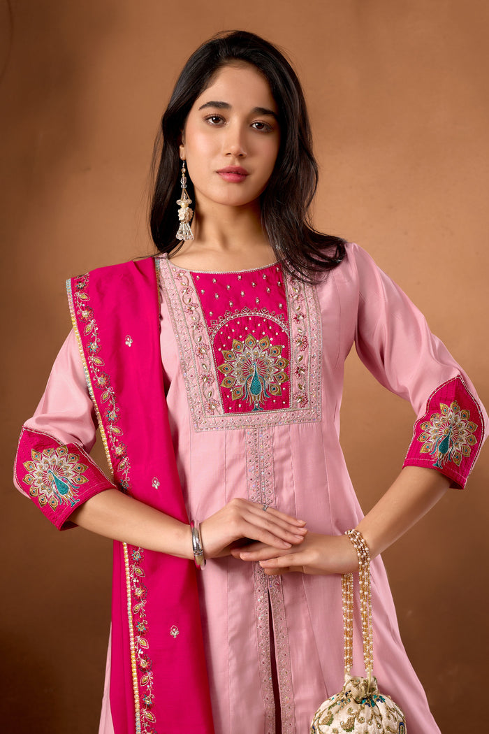 Elegant Pink Roman Silk Kurti Set