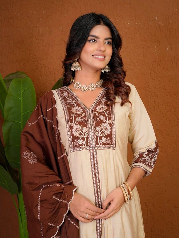 Cream Roman Silk Anarkali Kurti Set