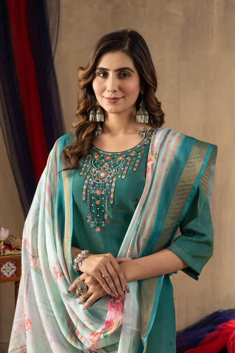 Rama Green Shimmer Gold Silk Multi Embroidered Suit Set