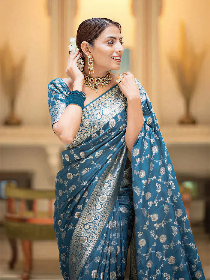 Tea Blue Jacquard Saree – Elegant Woven Saree for Festive, Party & Wedding Wear