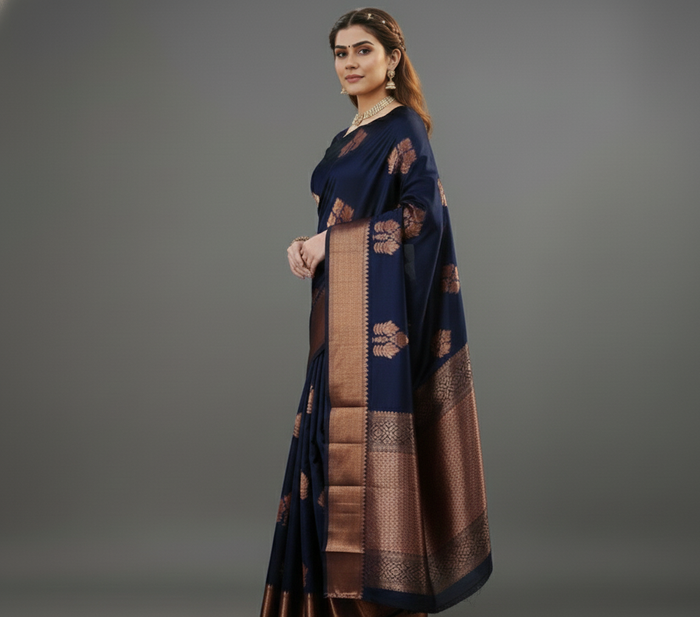 Navy Blue Jacquard Saree – Elegant Woven Saree for Festive & Formal Occasions