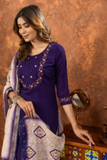 Women’s Purple Embroidered Kurta Set with Printed Dupatta