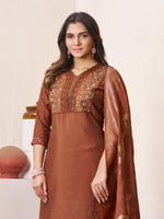 Coffee Brown Roman Silk Embroidered Kurti Pant Dupatta Set