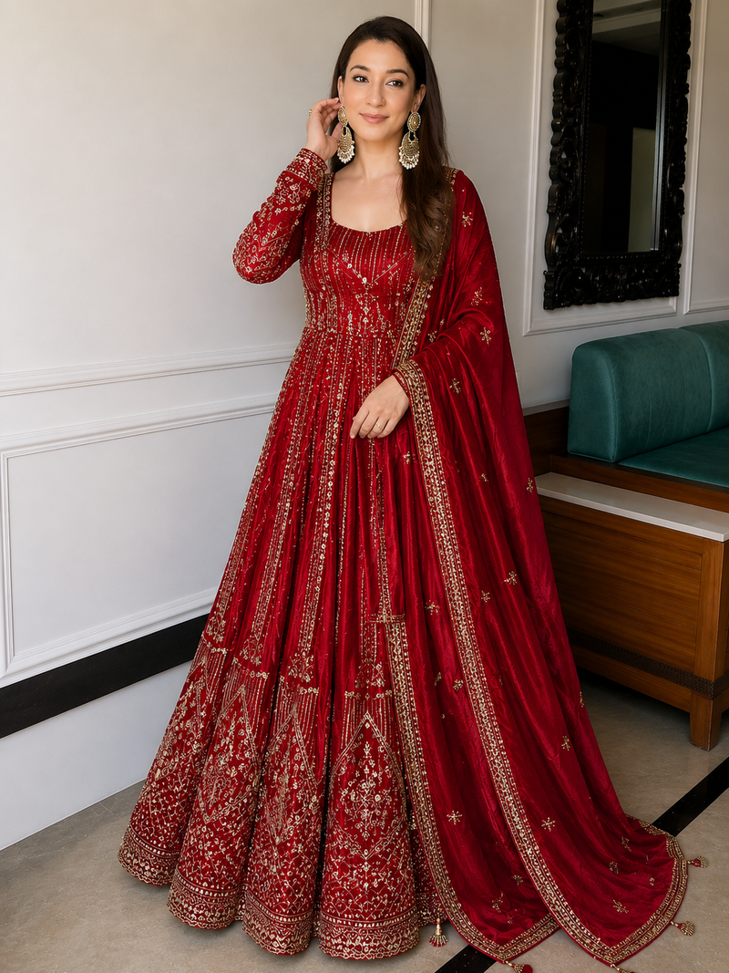 Red Crunchy Silk Embroidered Anarkali Gown Set
