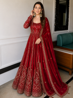 Red Crunchy Silk Embroidered Anarkali Gown Set