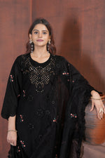 Black Heavy Viscose Roman Silk Embroidered Kurti Pant Dupatta Set