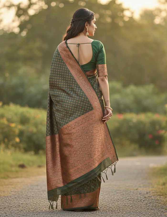 Mahendi Green Jacquard Saree – Elegant Woven Detailing & Festive Traditional Style