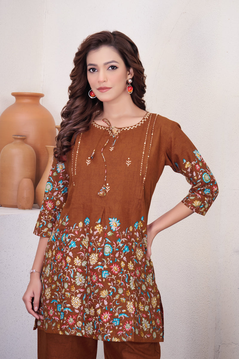 Elegant Rust Floral Printed Pure Cotton Co-Ord Set
