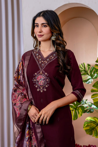 Wine Marina Viscose Silk Multi Embroidered Suit Set