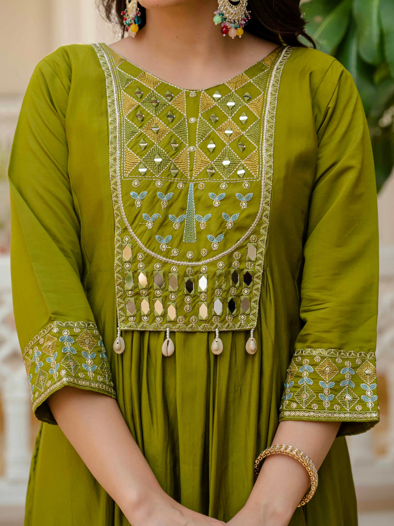 Mehndi Viscose Roman Silk Anarkali Kurti Pant Set