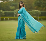 Sky Blue Colour Women's Plain Linen Saree
