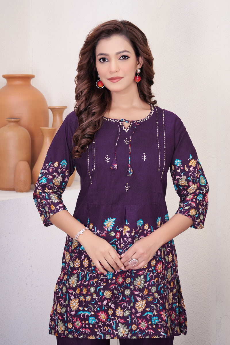 Elegant Wine Floral Printed Pure Cotton Co-Ord Set