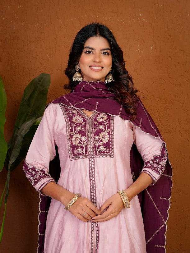 Pink Roman Silk Anarkali Kurti Set