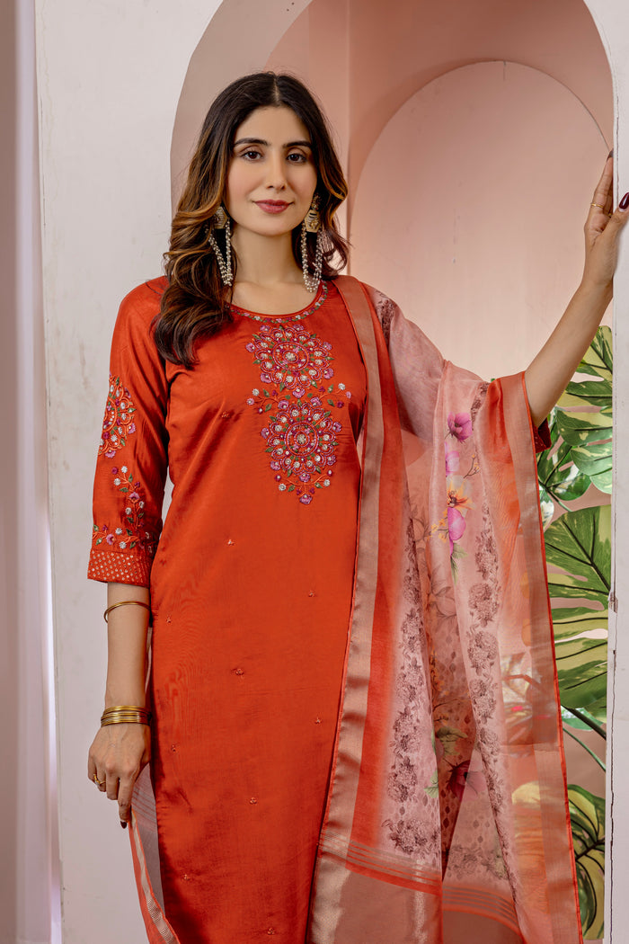 Elegant Orange Viscose Silk Embroidered Kurta Set