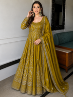 Mustard Embroidered Anarkali Gown Set