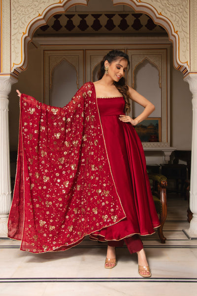 Red Satin Anarkali Suit Set with Embroidered Georgette Dupatta
