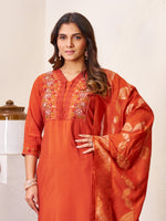 Rust Orange Roman Silk Embroidered Kurti Pant Dupatta Set