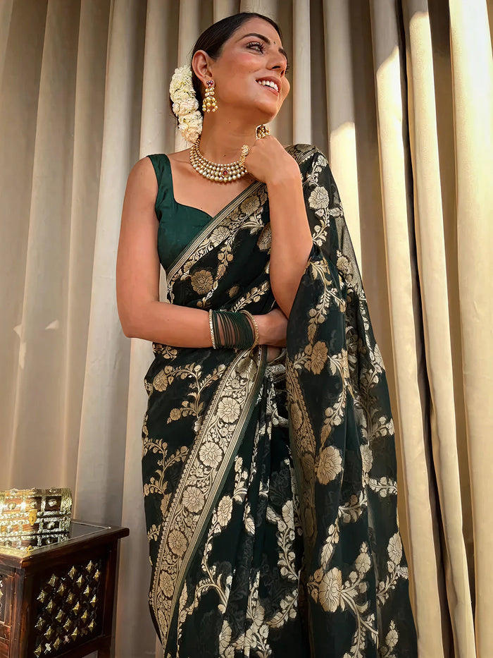 Emerald dark Green Jacquard Saree – Luxurious Woven Elegance for Special Occasions