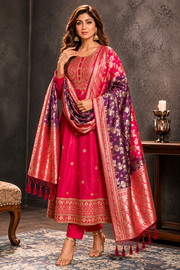 Banarasi Silk Anarkali Kurti Pant Dupatta Set