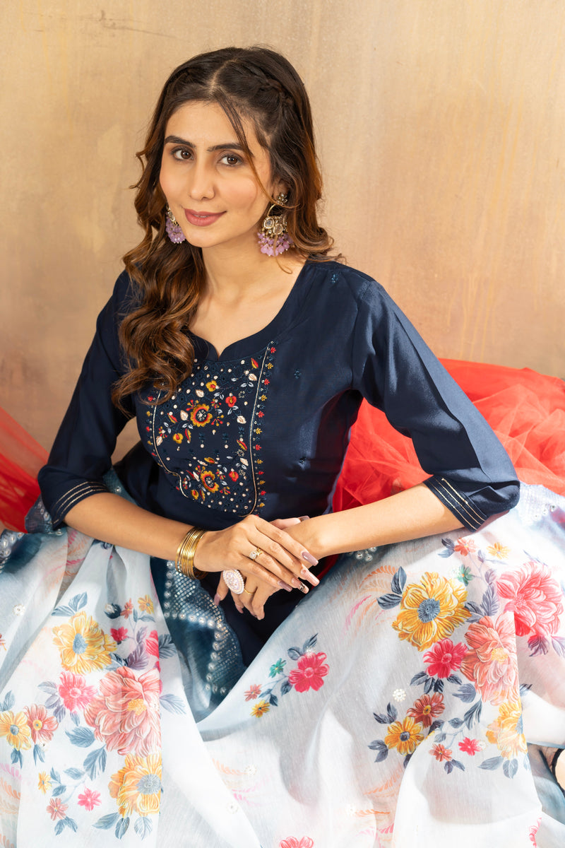 Viscose Navy Blue Embroidered Kurti Pant Dupatta Set