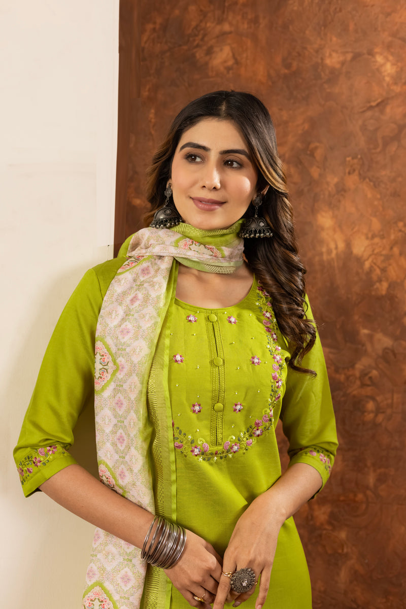 Marina Silk Lime Green Embroidered Kurta Set