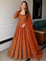 Orange Crunchy Silk Embroidered Anarkali Gown Set