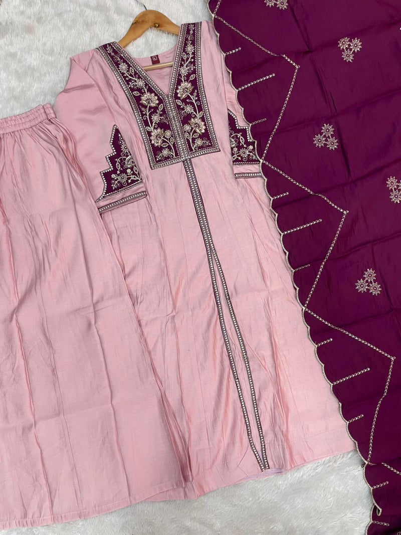 Pink Roman Silk Anarkali Kurti Set