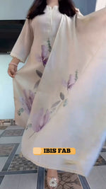 Ivory Floral Printed Linen Kurta Pant Dupatta
