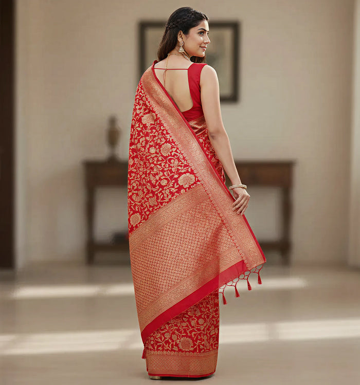 Royal Red Jacquard Saree – Classic Festive Elegance with Intricate Weave