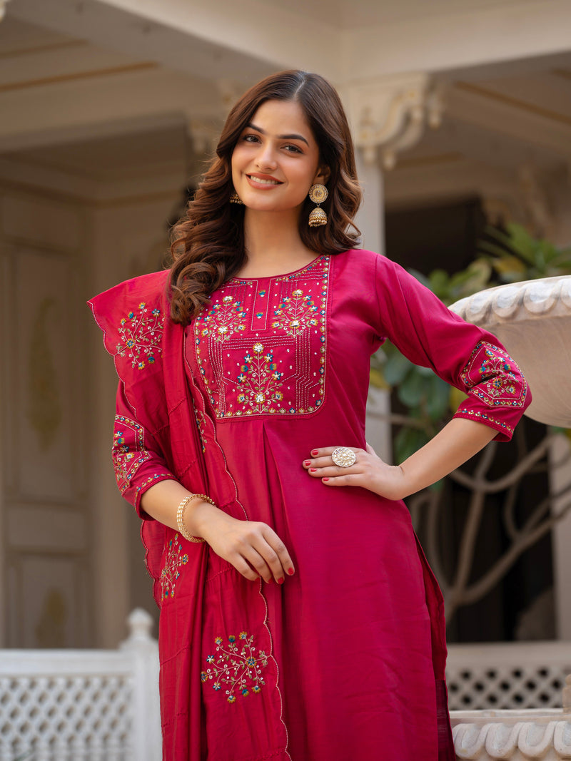 Pink Viscose Mango Silk Embroidered Kurti Set