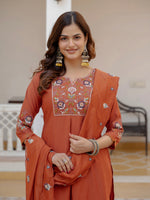 Rust Orange Viscose Mango Silk Embroidered Kurti Set