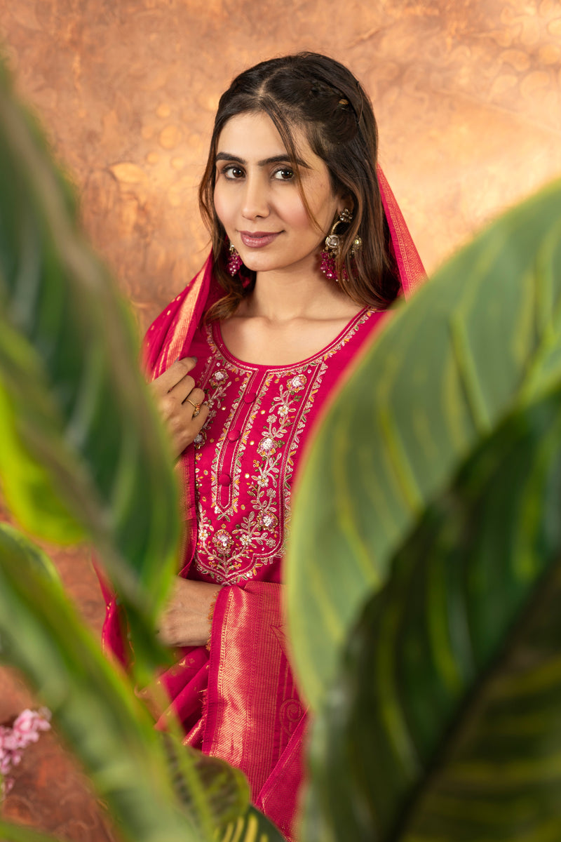 Pink Marina Silk Multi Embroidered Suit Set with Dupatta