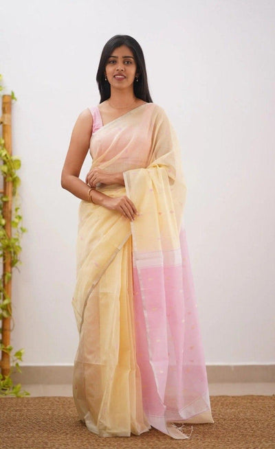 Yellow Pink Jacquard Saree