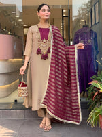 Premium Beige & Wine Designer Kurta Pant Dupatta Set