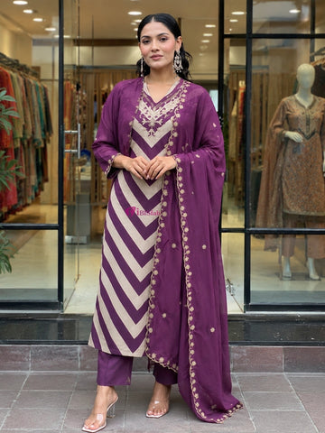 Wine Chanderi Handwork Kurta Pant With Dupatta Set