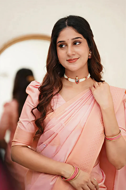 Delicate Light Pink Jacquard Saree – Soft Woven Elegance for Festive & Party Wear