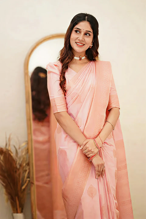 Delicate Light Pink Jacquard Saree – Soft Woven Elegance for Festive & Party Wear