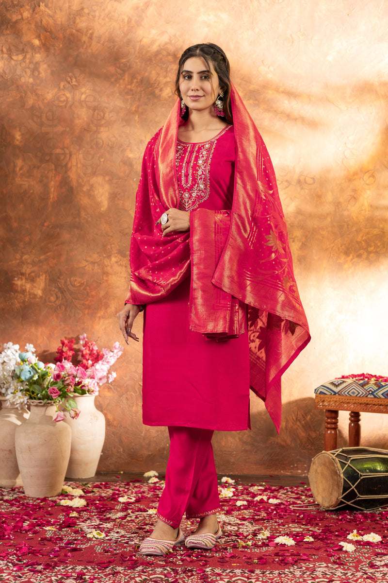Pink Marina Silk Multi Embroidered Suit Set with Dupatta