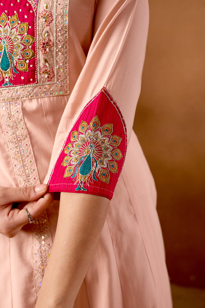 Elegant Peach Roman Silk Kurti Set