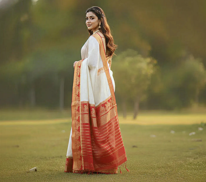 Arresting White Color Kanjivaram Tussar Silk Saree