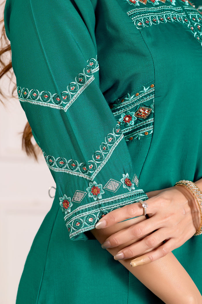 Elegant Rama Green Viscose Mango Silk Anarkali Kurti Set
