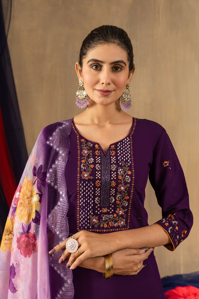 Purple Roman Silk Embroidered Kurta Pant Set with Dupatta