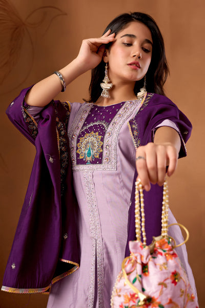 Elegant Light Lovender Roman Silk Kurti Set