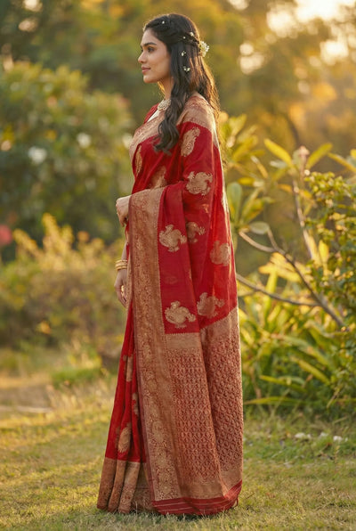 Crimson Red Jacquard Silk Saree with Opulent Woven Motifs | Bridal & Festive Luxury