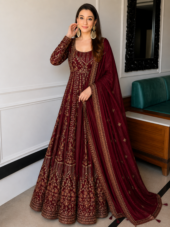 Maroon Crunchy Silk Embroidered Anarkali Gown Set