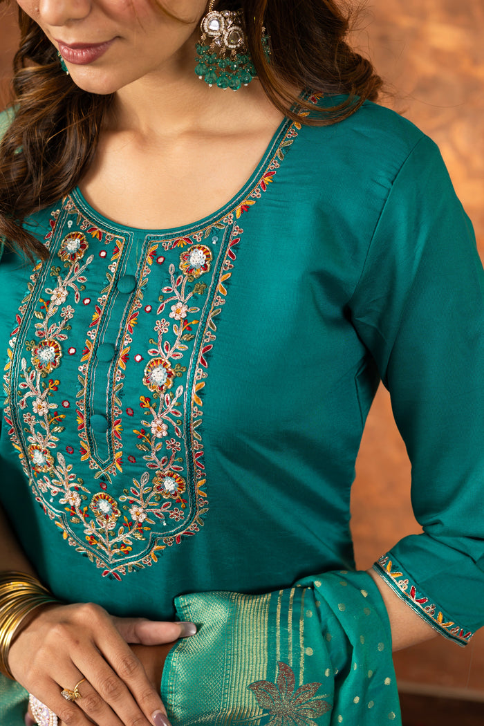 Meher Rama Green Marina Silk Embroidered Kurta Pant Set