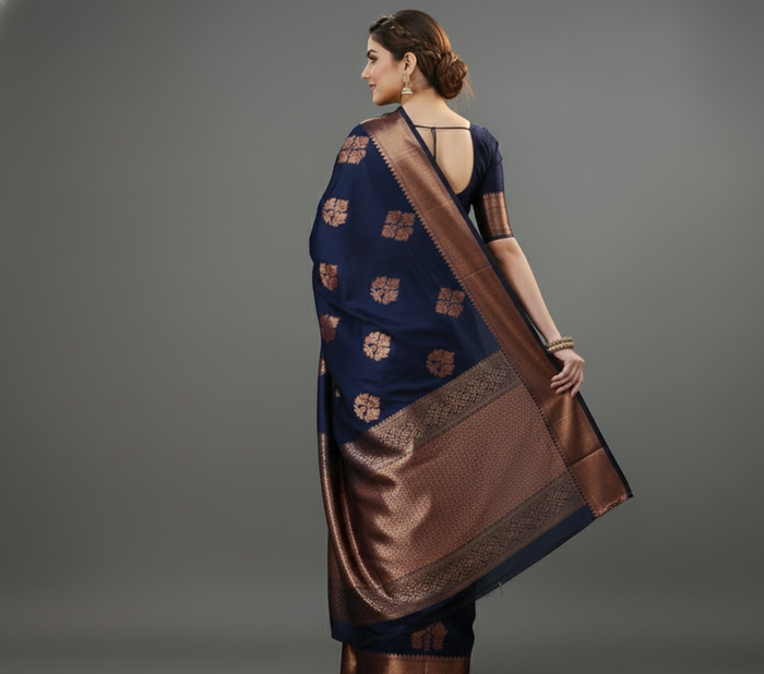 Navy Blue Jacquard Saree – Elegant Woven Saree for Festive & Formal Occasions