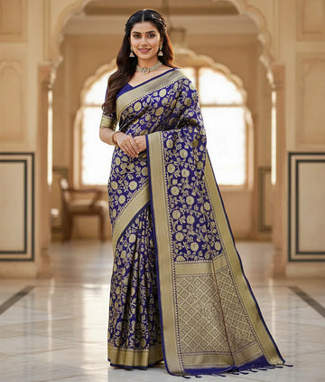Elegant Navy Blue Jacquard Saree – Timeless Weave & Royal Finish